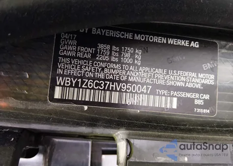 2017 BMW I3 94 Ah z USA, uszkodzony, nr VIN WBY1Z6C37HV950047